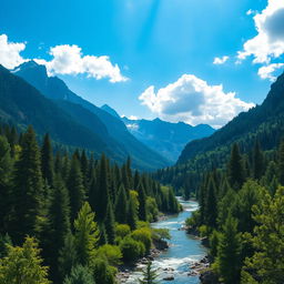 A breathtaking landscape showcasing majestic mountains with rugged peaks soaring high into a bright blue sky