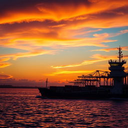 A stunning sunset scene featuring a maritime control tower overseeing a bustling port
