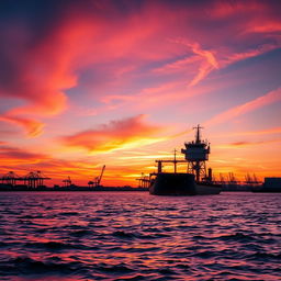 A stunning sunset scene featuring a maritime control tower overseeing a bustling port