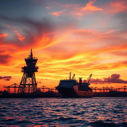 A stunning sunset scene featuring a maritime control tower overseeing a bustling port