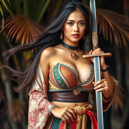 A strikingly beautiful woman of mixed Malay descent with large breasts, radiating allure while maintaining an air of modesty