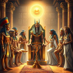 A captivating depiction of ancient Egyptian gods and goddesses gathered together in a grand, opulent palace setting