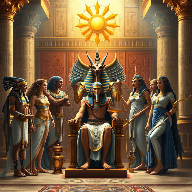 A captivating depiction of ancient Egyptian gods and goddesses gathered together in a grand, opulent palace setting