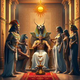 A captivating depiction of ancient Egyptian gods and goddesses gathered together in a grand, opulent palace setting