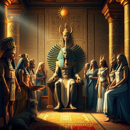 A captivating depiction of ancient Egyptian gods and goddesses gathered together in a grand, opulent palace setting