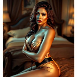 A strikingly beautiful woman, Donya Dadrasan, exuding confidence and allure, styled in an elegant and seductive outfit that accentuates her curves