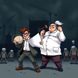 A striking and humorous design featuring two architects at the center, ready for action in a dynamic pose