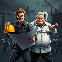 A striking and humorous design featuring two architects at the center, ready for action in a dynamic pose