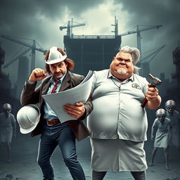 A striking and humorous design featuring two architects at the center, ready for action in a dynamic pose
