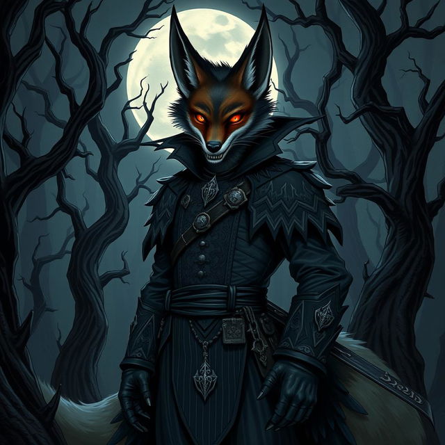 An imaginative illustration of a national-socialist themed fox-vampire-humanoid character set in a Dungeons & Dragons universe