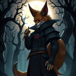 An imaginative illustration of a national-socialist themed fox-vampire-humanoid character set in a Dungeons & Dragons universe