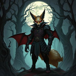 An imaginative illustration of a national-socialist themed fox-vampire-humanoid character set in a Dungeons & Dragons universe