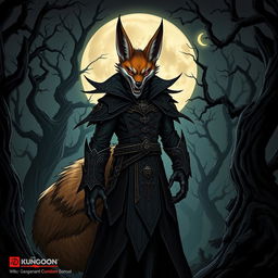 An imaginative illustration of a national-socialist themed fox-vampire-humanoid character set in a Dungeons & Dragons universe
