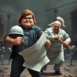 A striking design featuring two architects in a dynamic pose, ready for action