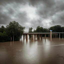 A one-lane road bridge being engulfed by a flood of water, creating a dramatic visual representation of nature overpowering human constructs.