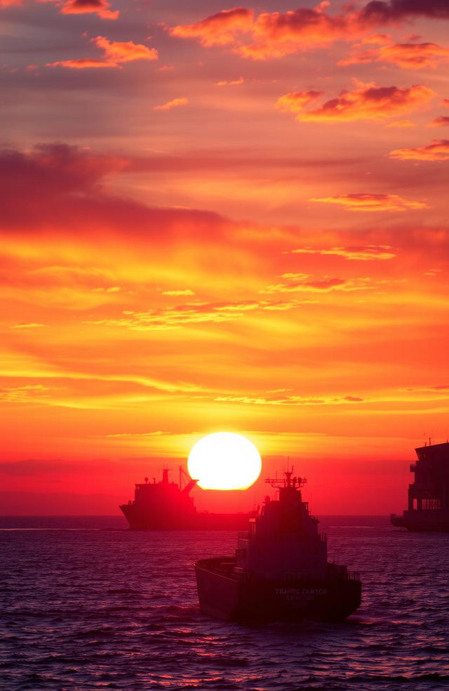 A vibrant sunset scene with vivid colors filling the sky, showcasing a traffic control station in the background