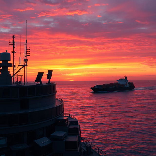 A vibrant sunset over a bustling maritime traffic control station, with a merchant ship sailing in the background