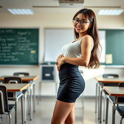 A sexy Asian teacher in a modern classroom, exuding a captivating presence with an alluring smile