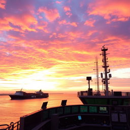 A vibrant sunset over a bustling maritime traffic control station, with a merchant ship sailing in the background