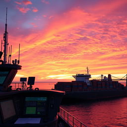 A vibrant sunset over a bustling maritime traffic control station, with a merchant ship sailing in the background