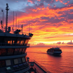 A vibrant sunset over a bustling maritime traffic control station, with a merchant ship sailing in the background