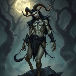 A striking depiction of a faun-vampire humanoid character, blending the elegance of a faun with the dark allure of a vampire