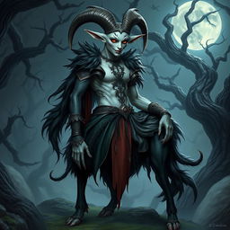 A striking depiction of a faun-vampire humanoid character, blending the elegance of a faun with the dark allure of a vampire