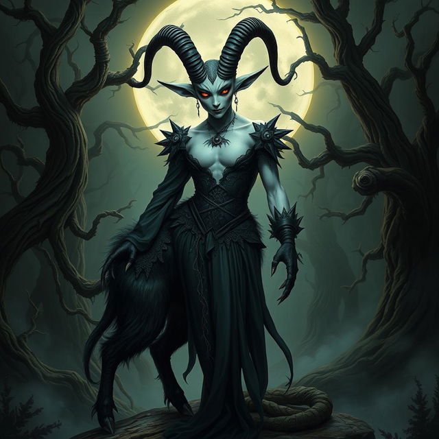 A striking depiction of a faun-vampire humanoid character, blending the elegance of a faun with the dark allure of a vampire