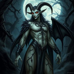 A striking depiction of a faun-vampire humanoid character, blending the elegance of a faun with the dark allure of a vampire