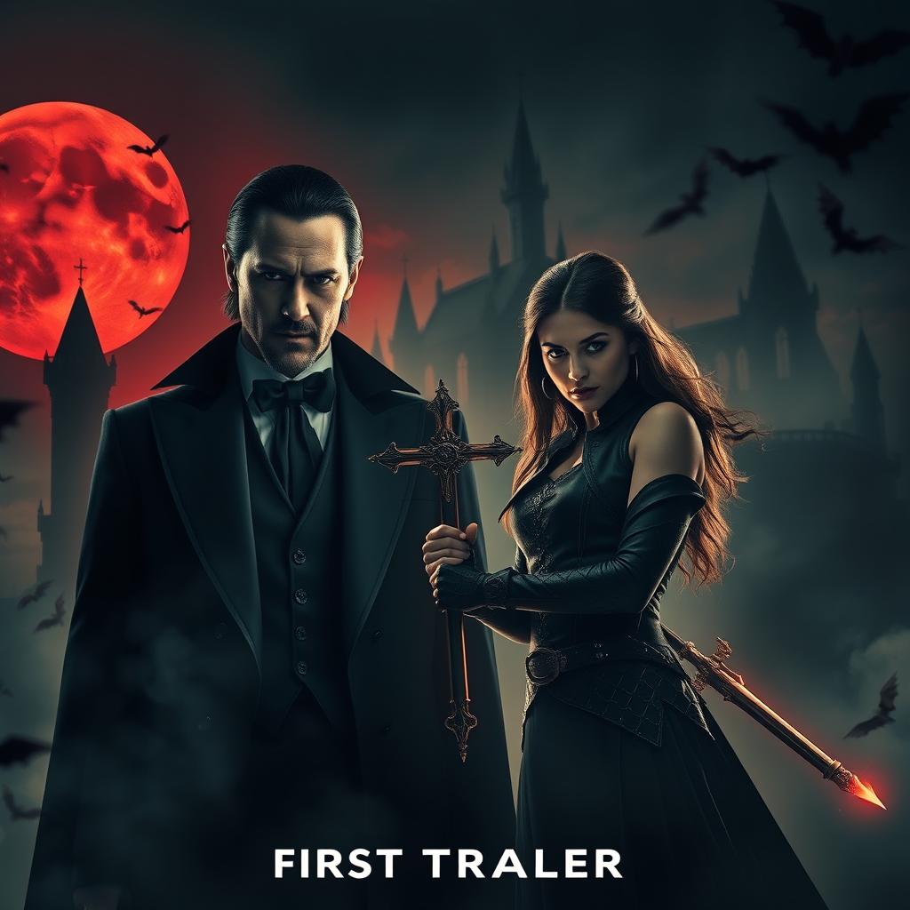 A haunting and atmospheric scene from the 'Dracula (2025) First Trailer', featuring Keanu Reeves as a brooding Dracula and Jenna Ortega as a fearless protagonist