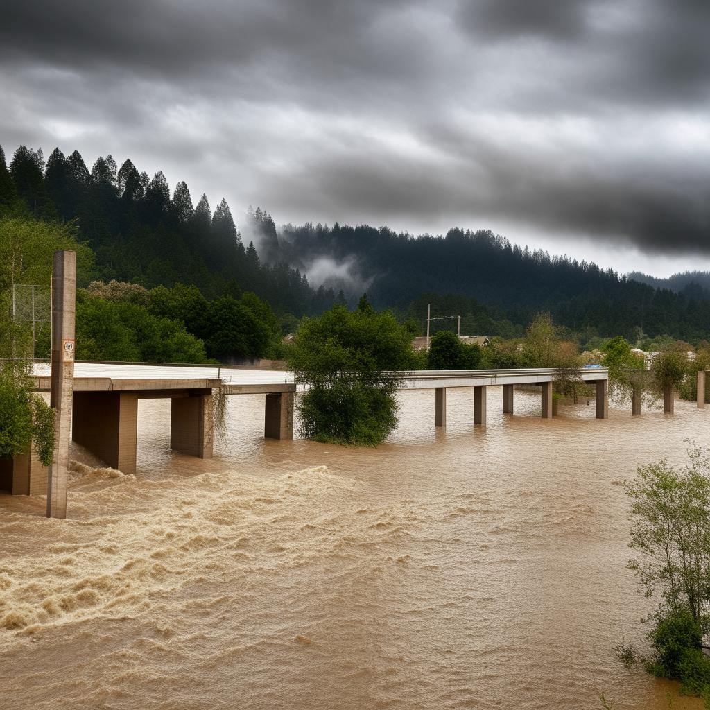 A one-lane road bridge being engulfed by a flood of water, creating a dramatic visual representation of nature overpowering human constructs.