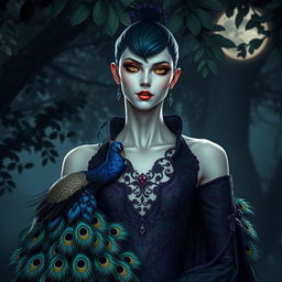 An enchanting portrayal of a peacock-vampire humanoid character, showcasing a unique blend of beauty and darkness