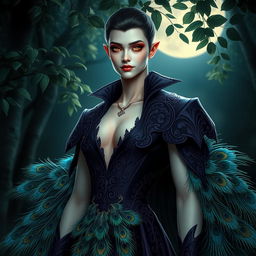 An enchanting portrayal of a peacock-vampire humanoid character, showcasing a unique blend of beauty and darkness