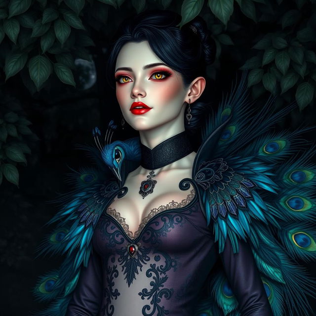 An enchanting portrayal of a peacock-vampire humanoid character, showcasing a unique blend of beauty and darkness