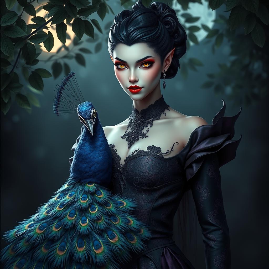 An enchanting portrayal of a peacock-vampire humanoid character, showcasing a unique blend of beauty and darkness