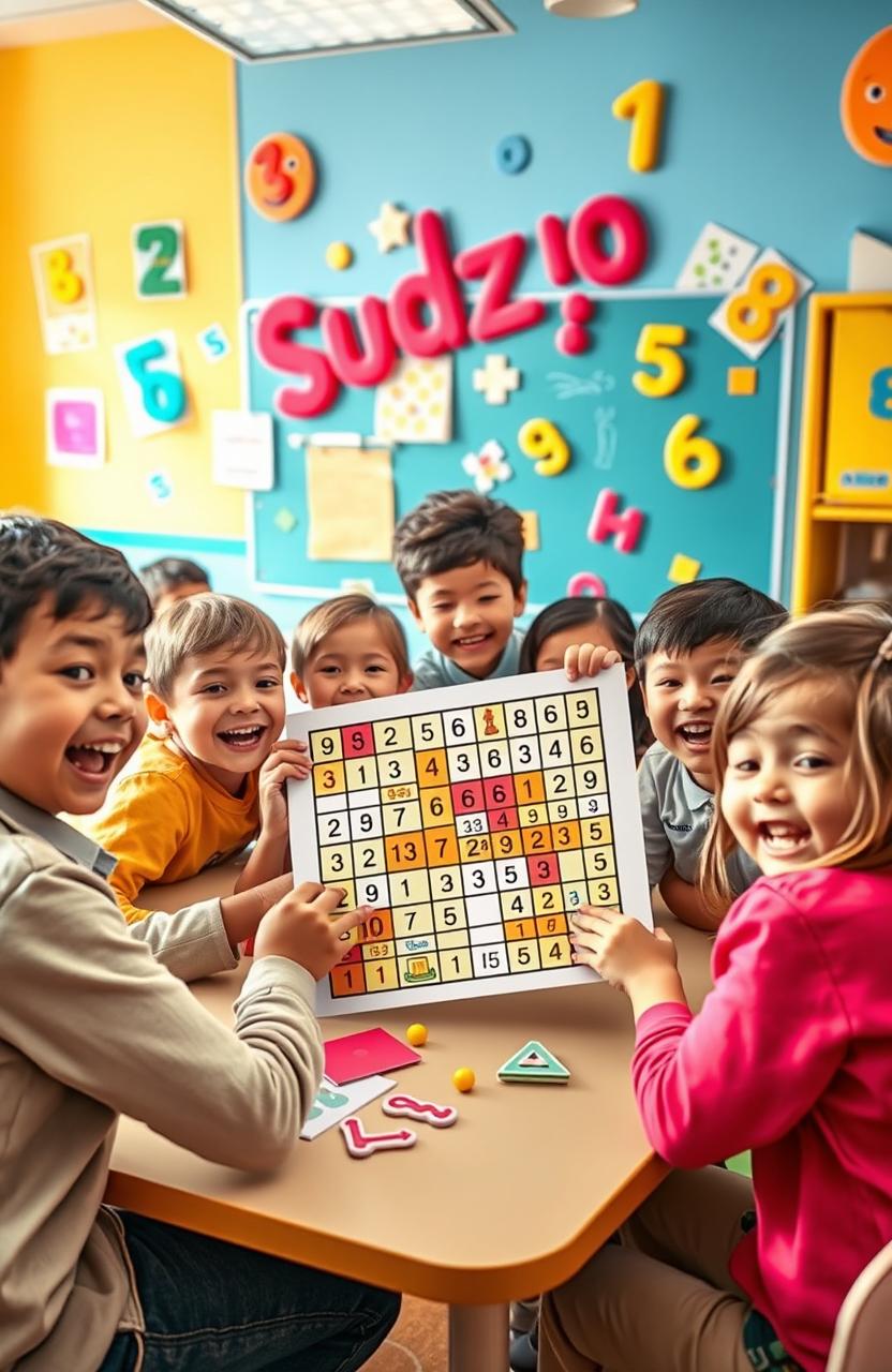 A brightly colored and engaging educational scene featuring children excitedly solving a fun and colorful Sudoku puzzle