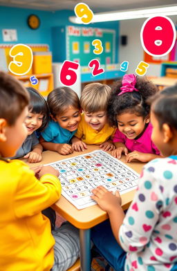 A brightly colored and engaging educational scene featuring children excitedly solving a fun and colorful Sudoku puzzle