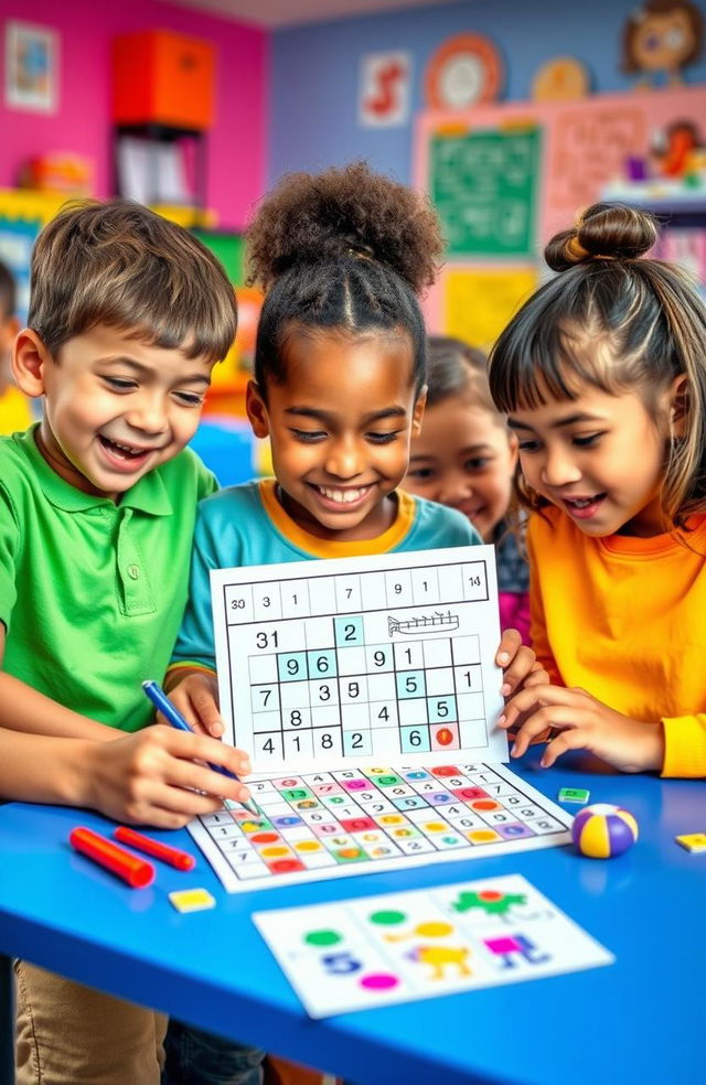 A brightly colored and engaging educational scene featuring children excitedly solving a fun and colorful Sudoku puzzle