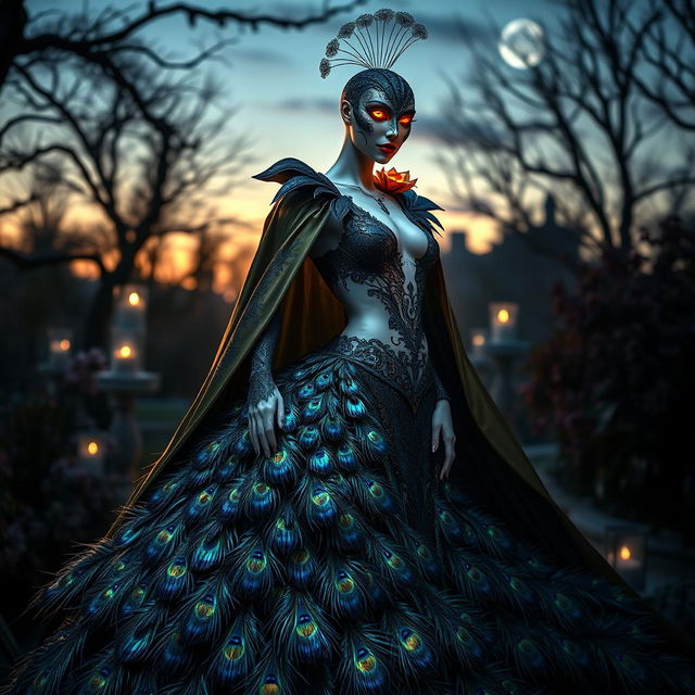 A captivating representation of a peacock-humanoid vampire character, whose design elegantly merges avian beauty with vampiric allure