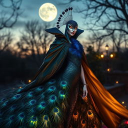 A captivating representation of a peacock-humanoid vampire character, whose design elegantly merges avian beauty with vampiric allure