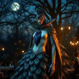 A captivating representation of a peacock-humanoid vampire character, whose design elegantly merges avian beauty with vampiric allure
