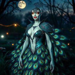 A captivating representation of a peacock-humanoid vampire character, whose design elegantly merges avian beauty with vampiric allure