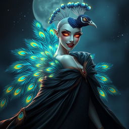 An intriguing portrayal of a peacock-vampire hybrid character, seamlessly blending the majestic elements of a peacock with the alluring traits of a vampire