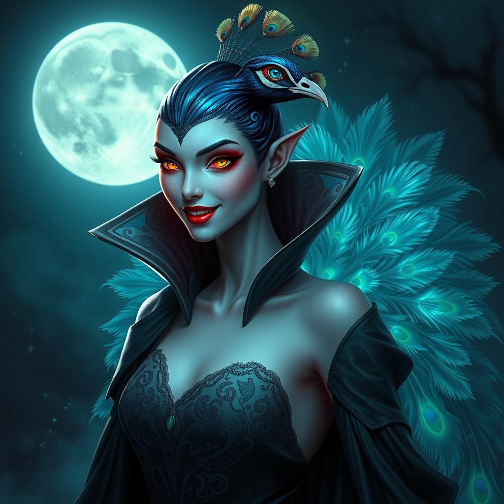 An intriguing portrayal of a peacock-vampire hybrid character, seamlessly blending the majestic elements of a peacock with the alluring traits of a vampire