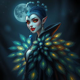 An intriguing portrayal of a peacock-vampire hybrid character, seamlessly blending the majestic elements of a peacock with the alluring traits of a vampire