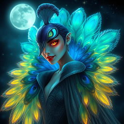 An intriguing portrayal of a peacock-vampire hybrid character, seamlessly blending the majestic elements of a peacock with the alluring traits of a vampire