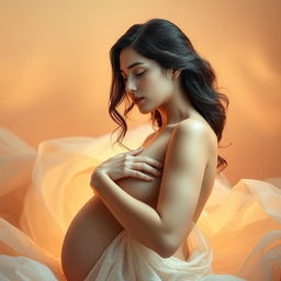 A tastefully artistic representation of a woman with a nurturing, maternal presence, posed in an abstract and stylized environment to evoke feelings of warmth and love