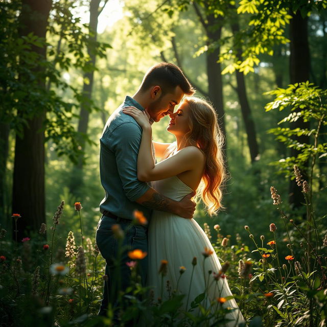 A romantic and passionate scene set in a lush green forest, dappled sunlight filtering through the leaves, with a couple intertwined amidst the nature, surrounded by wildflowers and tall trees, showcasing deep connection and intimacy