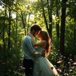 A romantic and passionate scene set in a lush green forest, dappled sunlight filtering through the leaves, with a couple intertwined amidst the nature, surrounded by wildflowers and tall trees, showcasing deep connection and intimacy