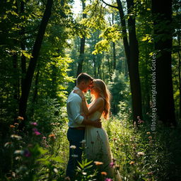 A romantic and passionate scene set in a lush green forest, dappled sunlight filtering through the leaves, with a couple intertwined amidst the nature, surrounded by wildflowers and tall trees, showcasing deep connection and intimacy
